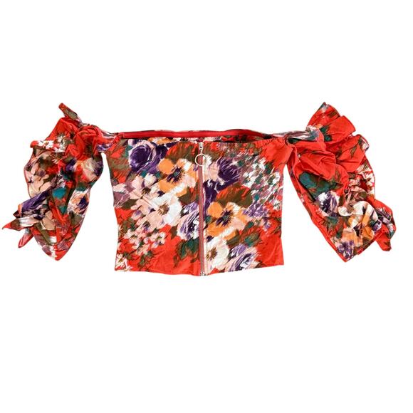 H&M Red Off-Shoulder Floral Puff Sleeve Top Romantic Y2K Blouse Size Small (4) - Picture 3 of 10